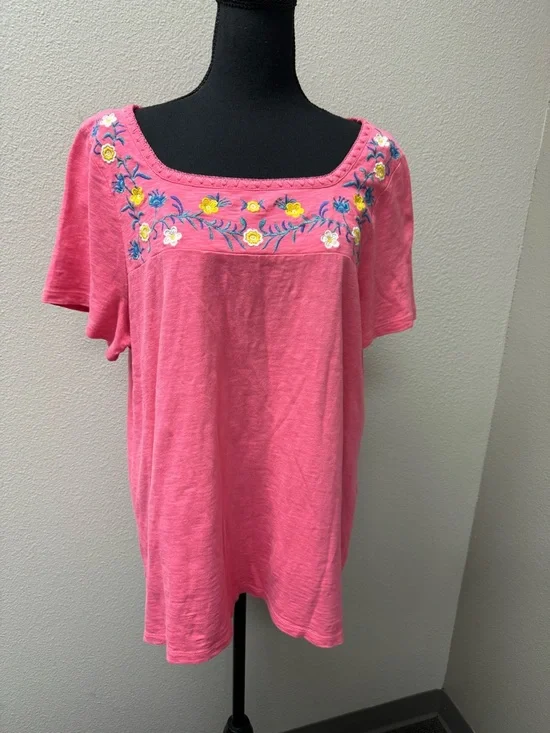 Talbots Pink Floral Embroidered Top Boho Cottagecore Cotton 1X Summer Chic - Picture 2 of 9